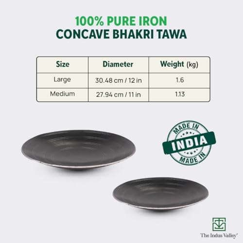 Image of The Indus Valley Pre-Seasoned Concave Iron Bhakri Tawa for Chapathi | 30cm /12 inch, 1.6kg | Gas Compatible | 100% Pure & Toxin-Free, No Chemical Coating, Black