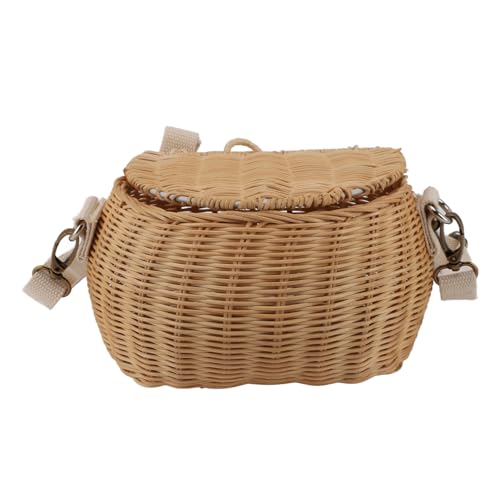 Wnvivi Rattan Bike Basket,Wicker Woven Backpack Basket,Wicker Picnic Basket with Adjustable Strap,Small Cute Fishing Basket for Outdoor Travel