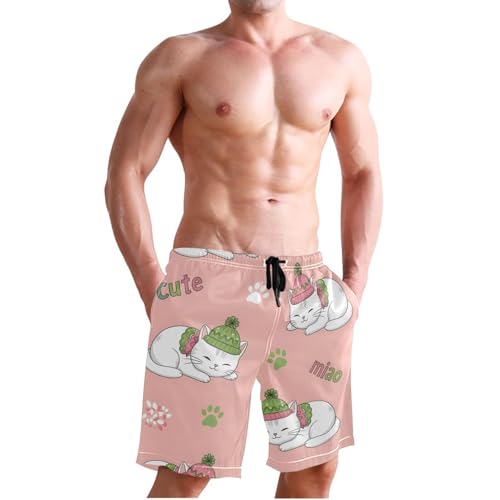 Men's Swim Trunks Quick Dry Swimming Shorts with Pocket Cute Cats with Hats Swimsuit Trunks3