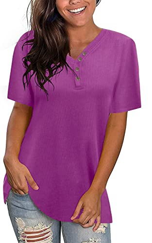 Xpenyo Camisetas casuales para mujer, con botones, cuello en V, manga corta, lisas, tipo túnica, color morado, talla 10-12 UK Cover