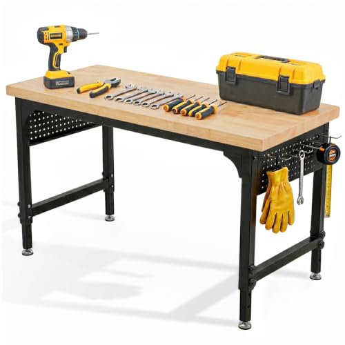 60 Adjustable Heavy Duty Workbench 2300 LBS Load Capacity Hardwood Work Table with Pegboard Power Outlets USB & Type-C Ports Work Bench for Garage Office Workshop Home Workstation
