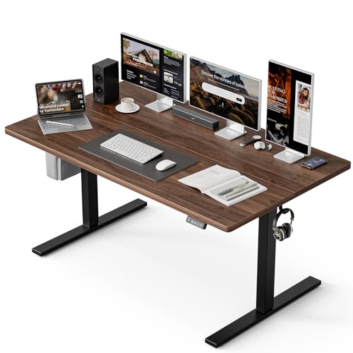 Image of Grandder 63x32 Large Electric Standing Desk, Height Adjustable Computer Desk with 2 Memory Presets, 31.5 inch Deep Desktop Sit Stand Desk Home Office Desk Workstation Table with Hooks, Walnut