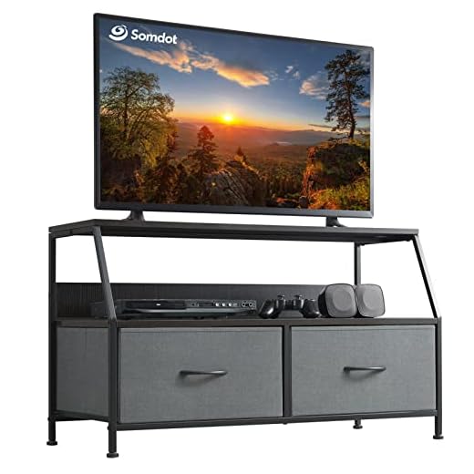 Somdot TV Stand, Entertainment Center, Media Console Table with Storage Drawers and Shelf for TV up to 46 Inch, Dresser Chest of Drawers for Bedroom, Living Room, Playroom - Charcoal Grey/Dark Walnut