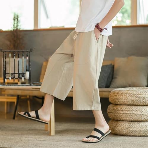 Pohullan Chinese Style Men Linen Pants Men Wide Leg Trousers Male Hip Hop Joggers Calf-Length Pants2