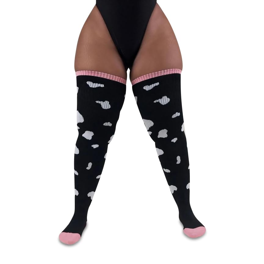Image of Thunda Thighs Plus Size Thigh High Socks, Over the Knee High Boot Stockings Leg Warmers, Extra Long & Thick Socks Cow Print White Spots