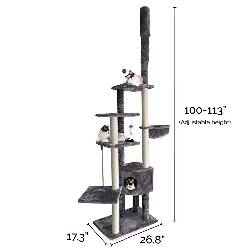 Image of Furhaven 100 inch-113 inch Tall Cat Tree for Indoor Cats w / Adjustable Height, Ft. Sisal Scratching Posts, Condo, & Toys - Tiger Tough Skyscraper Interactive Playground Tower - Gray, One Size