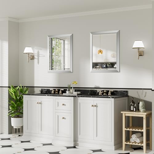 24x30 Inch Silver Bathroom Mirror for Wall, Thick Metal Framed Rectangle Mirrors for Over Sink, Bedroom, Living Room, Entryway, Anti-Rust, HD Tempered Glass