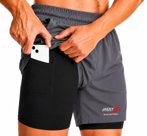 Image of Men's 2-in-1 Dual Layer Workout Shorts with Compression Liner, Phone Pocket, Quick-Dry Athletic Running Shorts for Gym, Training, Sports & Fitness