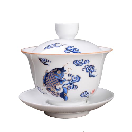 Image of Liang baobao Porcelain Gaiwan 8oz Teacup White Glazed Tureen Chinese Sancai Cover Bowl Lip Cup Saucer Set (Fish leaping)