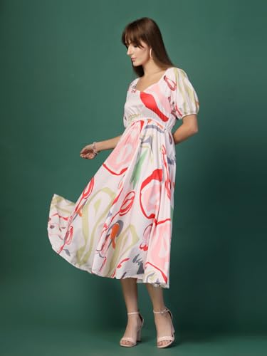 Image of OOMPH! Below Knee Shift Pink Dress in Crepe Fabric with Round Neck and Puff Sleeves - md619l
