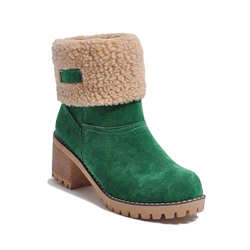 Minetom Botas de Nieve Mujer Tacón Medio Botines Botita Moda Felpa Peluche Caliente Antideslizante Impermeable Zapatos Invierno Boots Verde 40 EU