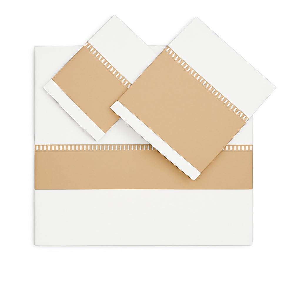Corredocasa Completo Letto Matrimoniale in Puro Cotone con Elegante Balza in Raso di Cotone Made in Italy di Alta qualità – Lenzuolo sotto Retto Senza Angoli – 270x300 cm (Beige)