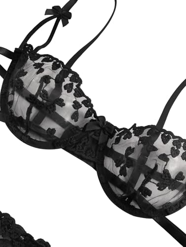 Image of Lilosy Sexy Tie Side Cute Underwire Push Up Strappy Embroidered Mesh Sheer Lingerie Set