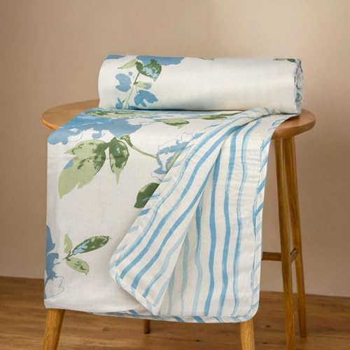 Image of HUESLAND 100% Cotton Reversible Dohar Toddler Size | Soft Cambric Weave, All Weather Light Comforter AC Quilt | Infants-New Born Blanket | 41 x 55 inches, Floral Fusion - Cream, Carolina Blue & Green