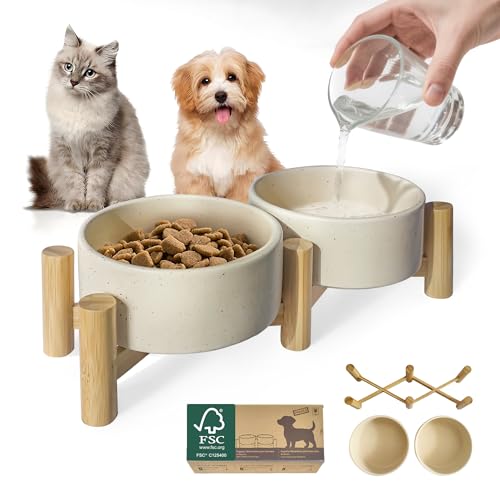 Elevated Dog Bowl & Cat Dish 27oz Raised Ceramic Pet Food and Water Bowls with Bamboo Stand Feeding Station for Small & Medium Pets Prevents Neck Strain Durable Premium Quality By Homish