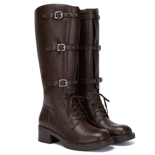 Athlefit Women's Knee High Boots Wide Calf Buckle Riding Boots Square Toe Lace Up Chunky Low Heel Booties3