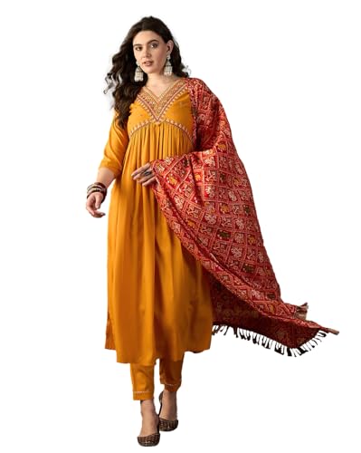 Image of SheWill Women's Mustard American Crepe Zari Sequence Embroidered Alia Cut Kurta with Pant and Dupatta