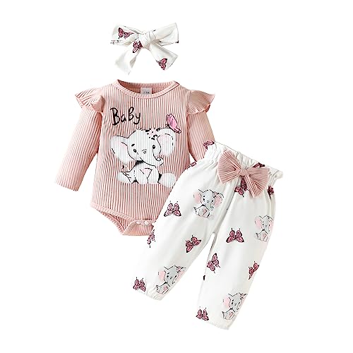 Image of Lucikamy Newborn Baby Girl Fall Winter Outfits Cute Ruffle Long Sleeve Ribbed Romper Top Bow Pants with Headband