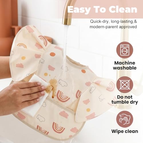 Image of SNOWIE SOFT Sleeved Bib Baby Bib with Pocket, Toddler Bib, Smock, Washable and Lightweight Waterproof Fabric, Fits Bibs for Baby 6 Months+