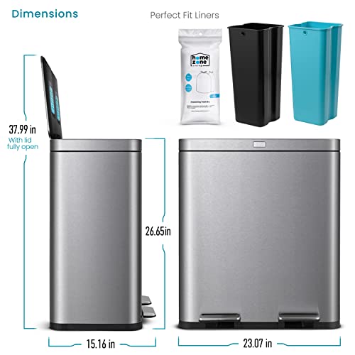 Image of Home Zone Living 16 Gallon Kitchen Trash Can with Dual Compartments for Recycling and CleanAura for Odor Control, Stainless Steel, 60 Liters Total