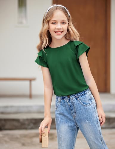 Image of Girls T Shirts Ruffle Short Sleeve Round Neck Loose Blouse Summer Solid Color Casual Girl Tee Tops for 3-12 Years
