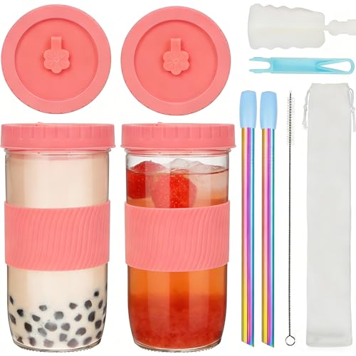 ZgoEC 24oz Bubble Tea Becher mit Strohhalm, 2 Stück Gläser mit Deckel und Strohhalm, Bubble Tea Becher Glas Trinkbecher mit Strohhalm, Smoothie Glas Tumbler Cup Glasbecher für Kaffee