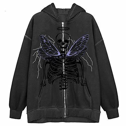 Y2K Jacket Women Men Oversized Zip Up Hooded Sweatshirt Skull Vintage Aesthetic Graphic Hoodie Halloween Clothes (Dark Gray Black Skull , Xxl ) #TOP24