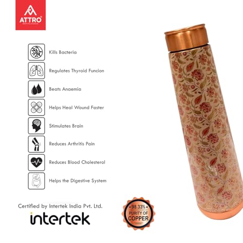 Image of ATTRO Arth Deluxe Copper Bottle Design Boosts Immunity Leakproof & Lightweight |Anti-Bacterial, BPA Free with Secure Cap for School, Travel, Gym & Work 900ml Florence Gold