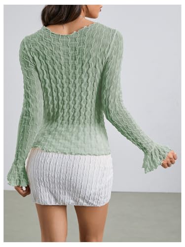 Image of Milumia Women's Y2K Textured Mesh Cardigan Shrug Tie Front Tops | Lettuce Trim , Long Sleeve, Open Front, Sheer, Flared, Club Party, Going Out, Rave, Cover Ups