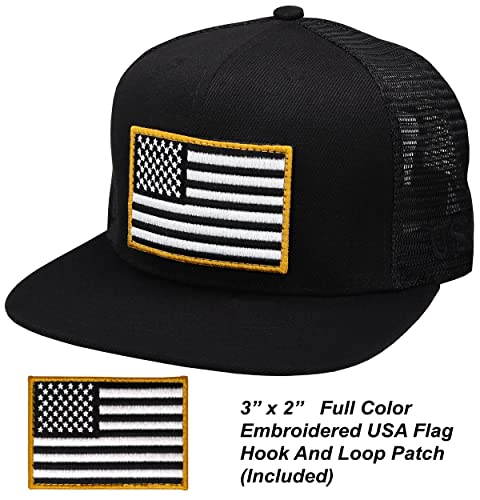 Image of Antourage American Flag Unisex Baseball Hat for Men and Women | USA Flag Mesh Snapback Flat Visor Cap + 2 Patriotic Patches