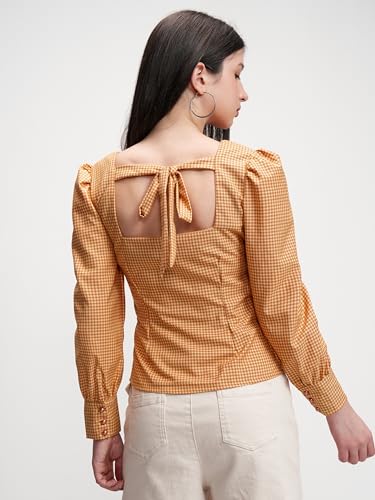 Image of Tokyo Talkies Women's Checked Sweetheart Neck Puff Sleeves Fitted Top | Chic & Feminine | Perfect for Dates, Outings & Casual Gatherings | Tops for Woman | Women Tops | Stylish Top