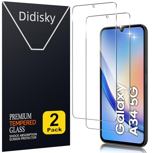 Didisky 2-Unidades Cristal Templado Protector de Pantalla para Samsung Galaxy A34 5G, Antihuellas, Sin Burbujas, Fácil de Limpiar, 9H Dureza,Transparente