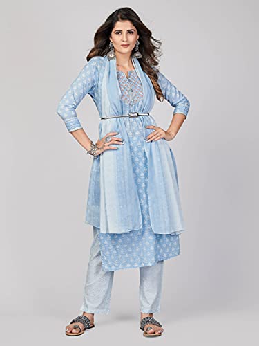 Image of Vbuyz Women's Printed & Embroidered Straight Cotton Stitched Kurta Pant with Dupatta