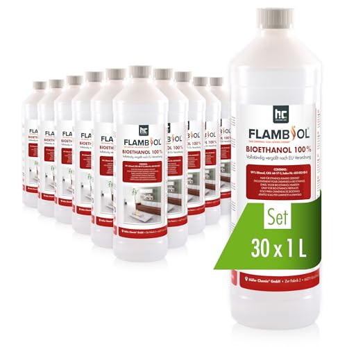 Höfer Chemie FLAMBIOL® Bioéthanol 30 x 1 L Ultra Pur 100% - Combustible Écologique pour Cheminées de Table et Poêles en Acier Inoxydable, Combustion Propre et...