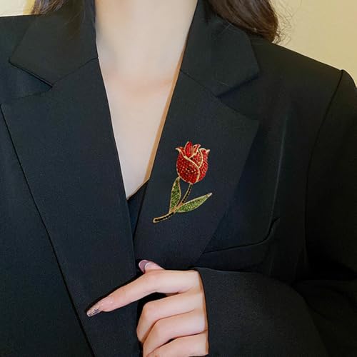 Image of YOQUCOL Elegant Cubic Zirconia Crystal Rhinestone Red Rose Shape Brooch Pin for Women Grils
