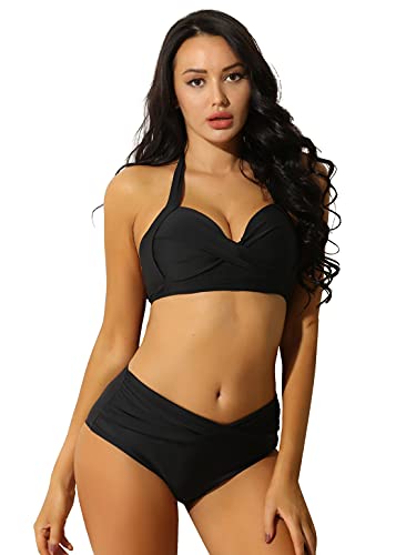 TTAO Conjunto de bikini para mujer push up traje de baño de dos piezas traje de baño estampado bikini playa halter sujetador top + bragas de baño S-XXL, Negro , S