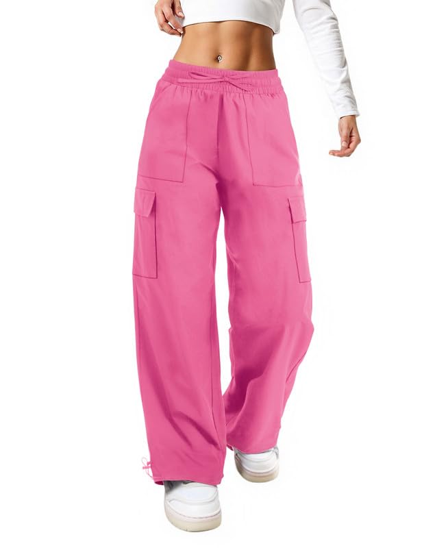 keriffe Baggy Cargo Pants Women Parachute Hiking Wide Leg Pants with 4 Pockets Y2K Clothes Casual Travel Hot Pink