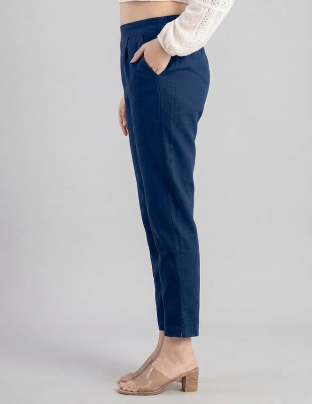 Image of Solid Cotton Woman Trousers Pants Regular Fit Kurti Pant with Drawstring Daily Office Formal Casual Use