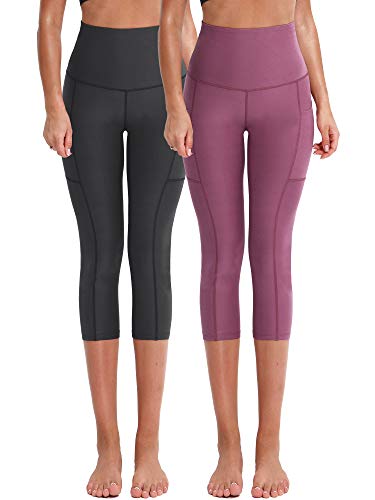 CADMUS Capri Yoga Pants for Women Workout Leggings with Pocket Tummy Control High Waist,3042,2 Pairs,Grey & Pink,Medium