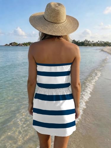 Image of Summer Dress for Women Strapless Beach Cover Ups Boho Sundress Mini Dress Drawstring Waist with Pockets