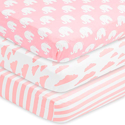BaeBae Goods Fitted Baby Crib Sheets for Girls, 3 Pack, Soft and Breathable Jersey Cotton, Pink and White, Cute Girly Nursery Mattress Bedding, Universal Fit