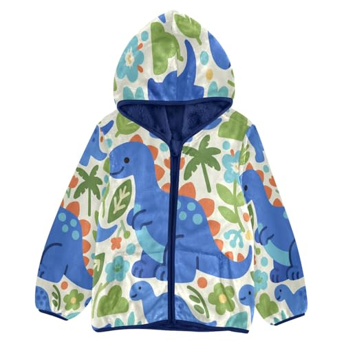 Blue Dinosaurs Among Green Plants Toddler Fleece Jacket Girl Boys Hooded Fleece Jacket Coat Warm Outwear Zip-up 3-10T