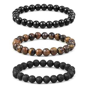 3PCS Mens Bead Bracelet Set, 8MM Tiger Eye Natural Stone Beads Bracelet Set Stretch Lava Rock Round Bead for Men Father Boyfriend Brother Gifts