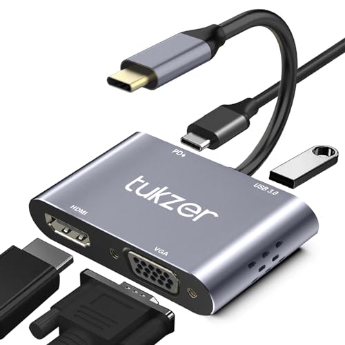 Tukzer 4-in-1 Type-C Hub to HDMI 4K@30Hz, VGA 1080P@60Hz, USB 3.0 Data, 100W PD, MultiPort Adapter Compatible with MacBook Pro Air iPad, Dell, Samsung Galaxy & Other Type-C Device