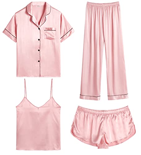 SWOMOG Womens Silk Satin Pajamas Sets 4pcs Sleepwear Sexy Cami Shorts Set and Button Down Short Sleeve Pjs Loungewear