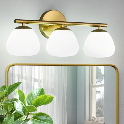 Image of Modern 3 Light Bathroom Vanity Light Gold Vanity Light Bathroom Light Fixtures Over Mirror with Milk Glass Shade Bathroom Vanity Lighting Fixtures