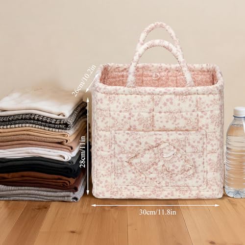 Image of Quilted Fabric Basket Foldable Car Storage Boho Floral Laundry Basket Hamper for Nursery Bedroom & Living Room | Organize Clothes Toys