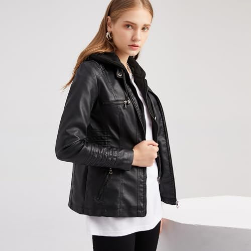 Women's Faux Leather Jacket Biker Coat Motorcycle Jacket with Detachable Hooded4