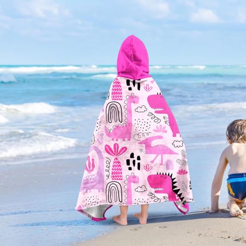 Image of Dinosaur Girls Beach Towel with Hoodie for Kids Toddlers Age 4-8, Pink Bath Towels Shower Wrap for Girls, Hooded Poncho Beach Blanket for Pool Swimming Cute Wearable Bath Towel for Child