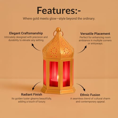 Image of MARKET 99 Metal Glass Royal Lantern | Golden Red Tealight Candle Holder | Decorative Home Decor Lamp | Festive Lighting for Diwali, Christmas, Wedding & Party Table Setup (Use LED T-Light Only)